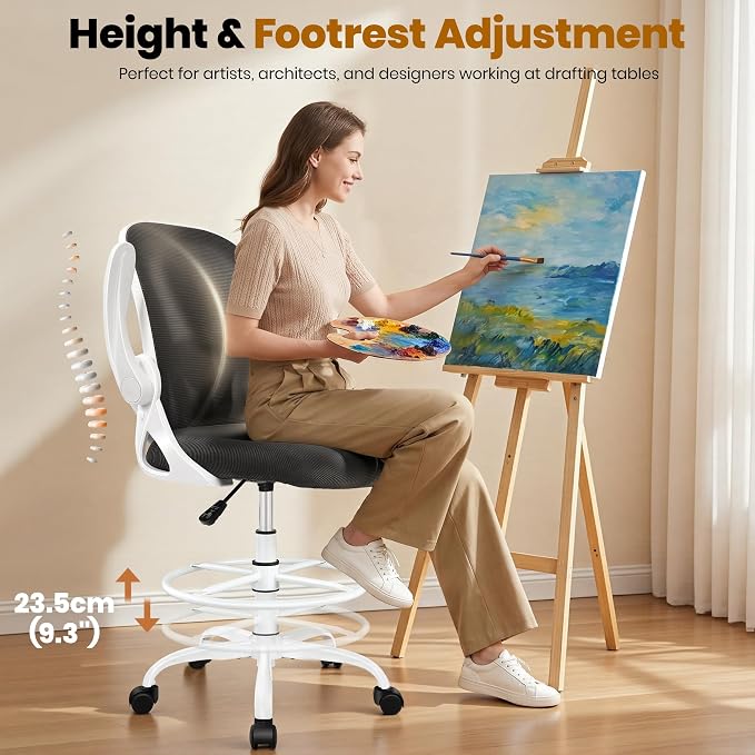 Ergonomic Drafting Chair with Flip-up Armrests Tall Office Chair for Standing Desk Comfortable Desk Chair with Adjustable Footrest Ring and Lumbar Support in Gray Perfect for Home (White)