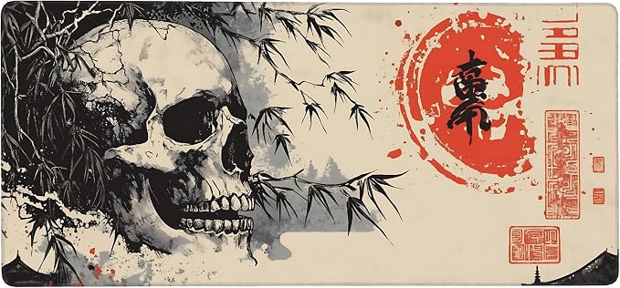 Aesthetic Skull Gaming Mouse Pad, Beige Black Japanese Desk Mat with Anti-Slip Base & Stitched Edges,35.4" x 15.7" in Desk Accessories for Women, Home Office Decor & Artistic Gift