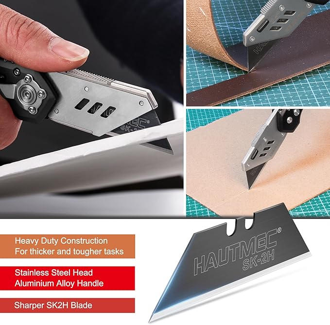 HAUTMEC Folding Utility Knife with 10-Pack SK2H Blades, Heavy-Duty Aluminum Box Cutter with Belt Clip, Quick-Change Blades, Safety Lock & Carabiner – HTUCH25002