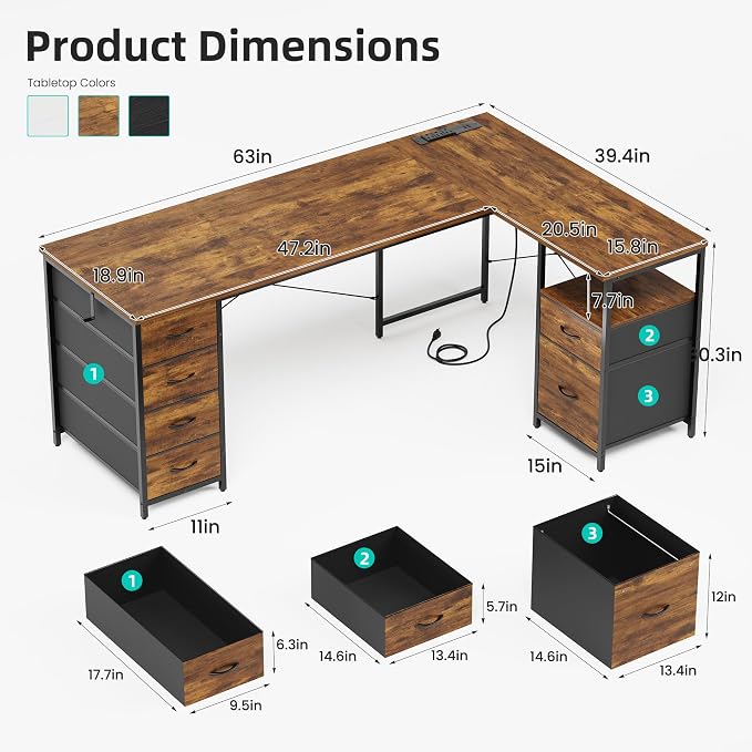 63 Inch L Shaped Office Desk with 6 Drawers & Type-C Port, Rustic Brown | File Cabinet, Power Outlets, Reversible Corner Computer Desk, Work Desk with Storage for Home Office, Bedroom, Gaming, Study