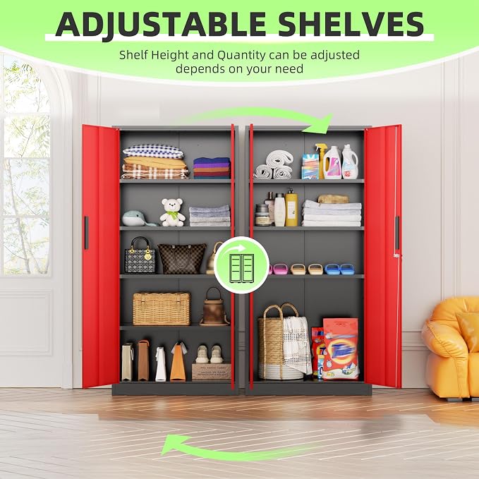 Metal Storage Cabinet, 72" Locking Steel Cabinets with 2 Door and 4 Adjustable Shelves, Tall Metal Cabinet for Home Office, Garage, Warehouse, Black Red