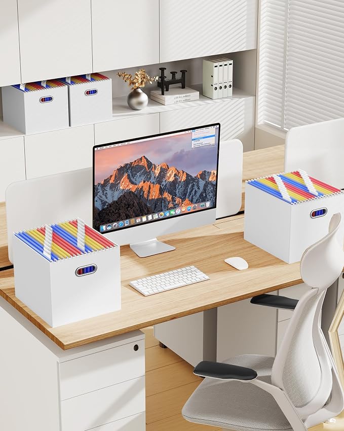 Portable Collapsible Cardboard File Box with Handle for Letter-Size | 2-Pack. Stainless Steel Handle. Label Stickers Included. Fits Letter Folders (Not Included). Home, Office, School, Dorm, Tax.