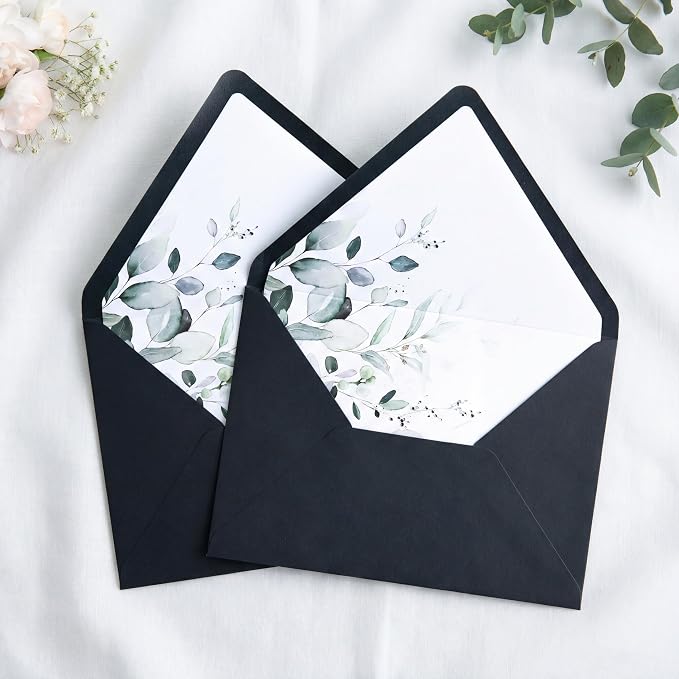 PONATIA 50PCS A7 Euro Flap Envelopes, 5.25 x 7.25'' Liner Envelope For 5x7'' Weddings Invitation Cards, Christmas Gift Cards, Acrylic Invitations, Photos (Black)