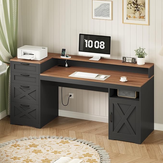 63" Farmhouse Computer Desk with 4 Drawers for Home Office, Bedroom | Executive Desk with Printer Shelf, Monitor Stand, Home Office Desks with Power Outlets, Storage Shelves, Brown and Black