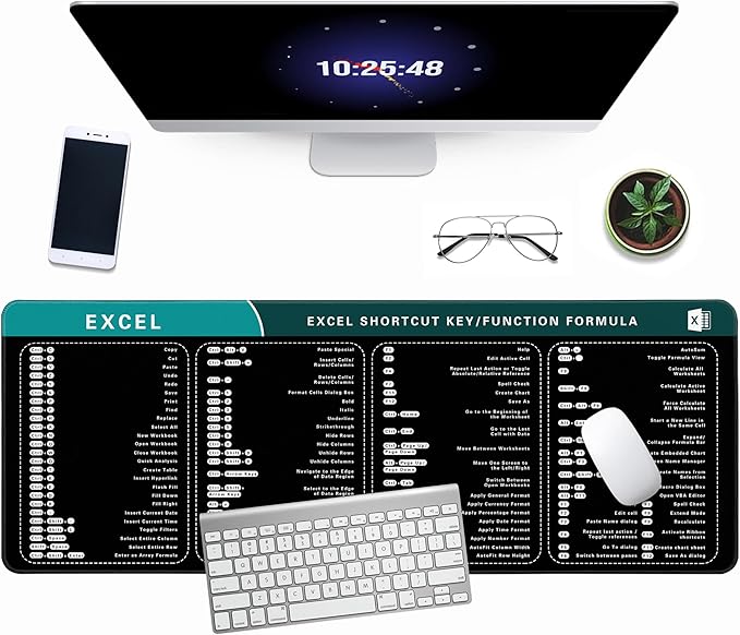 Excel Cheat Sheet Desk Pad, 31.5"x11.8", Waterproof Extra Large Excel Shortcut Mat with Stitched Edges, Anti-Slip Excel Mouse Pad for Office Desk, MS Excel/Word Shortcuts (Green Excel I)