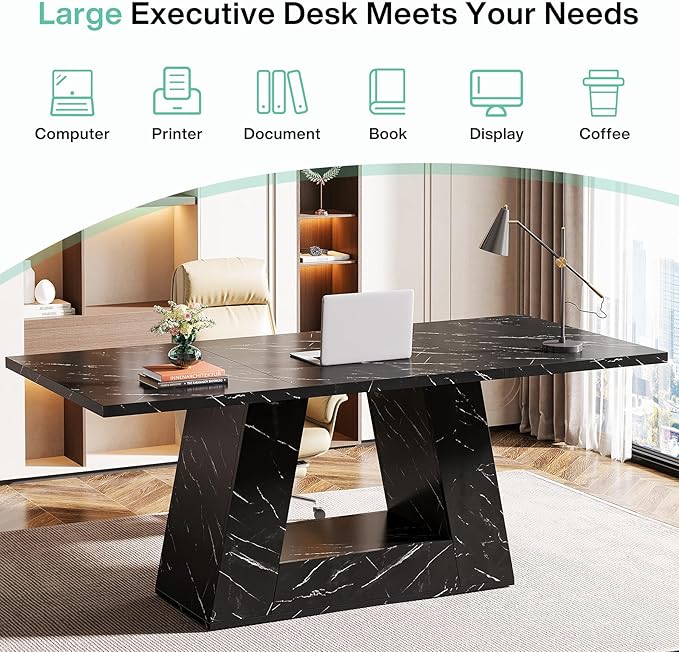 Tribesigns Modern Executive Desk, 63-Inch Large Office Desk Workstation, Simple Style Computer Desk Study Table with Sturdy Base, Wooden Faux Marble Writing Desk for Home Office, Black