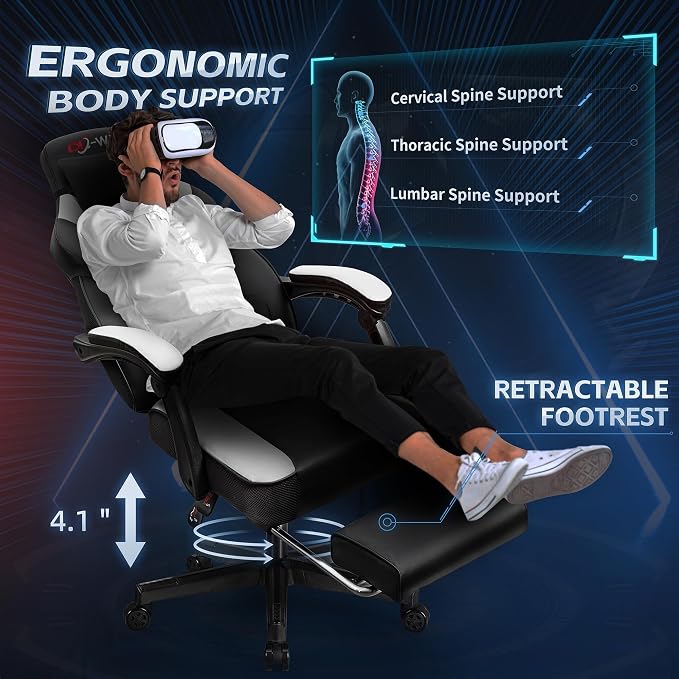 Video Gaming Chair for Adults, Computer Chair with Footrest and Ergonomic High Back, Big and Tall Gamer Chair with Massage Lumbar Support, 360° Swivel Height Adjustable Computer Chair, White