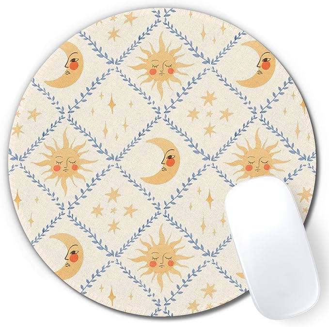 Boho Celestial Sun and Moon Round Mouse Pad 7.9x7.9in | Watercolor Sun and Moon Mystical Astrology Mousepad Mouse Mat for Computer Laptop Home Office Dorm Desk Accessories