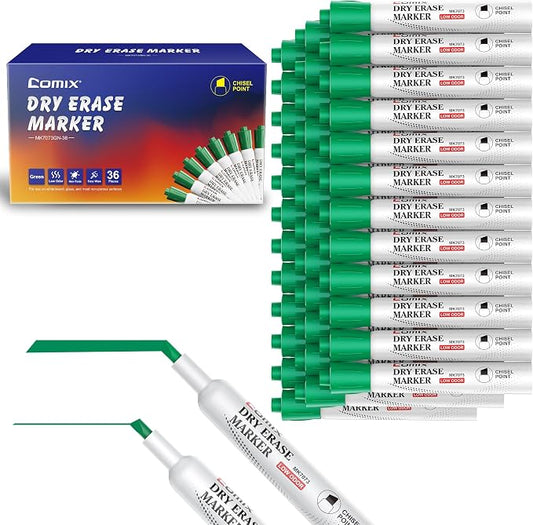 Comix Dry Erase Marker, Chisel Tip Whiteboard Markers, 36 Count Green Color | Low Odor, Non-toxic, Smooth Writing, Easy to erase, Suitable for Classroom, Teachers, Office, School Supplies