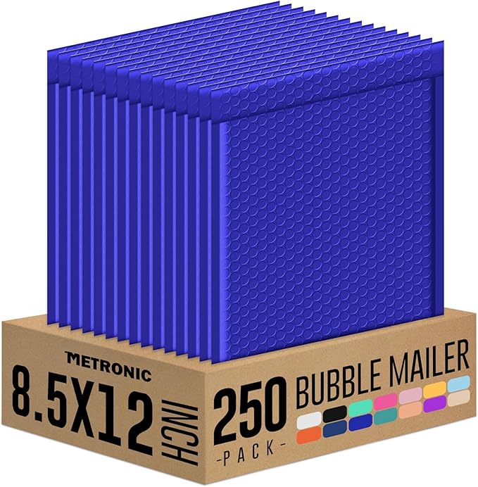 Metronic 8.5x12 Bubble Mailers 250 Pack Blue Bulk Bubble Mailers Usable Size 8.5x11" Self Seal Shipping Envelopes, Padded Envelopes Packaging for Small Business, Boutique