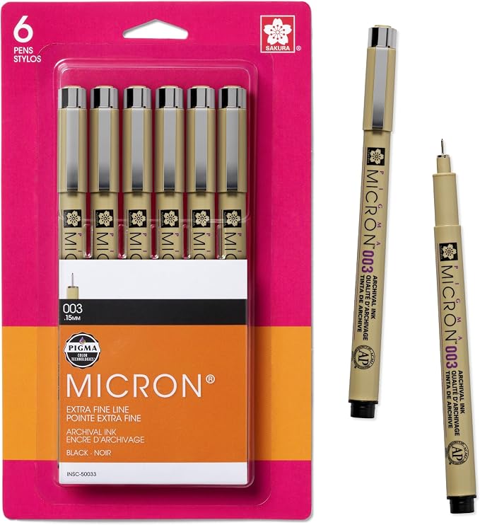 SAKURA Pigma Micron Fineliner Pens, 003 Tip Size, Archival Black Ink, 6PK 50033 | Archival Pigment-Based Black Ink Pens for Writing, Illustration & Journaling, Precise Points & Lines, No Bleed