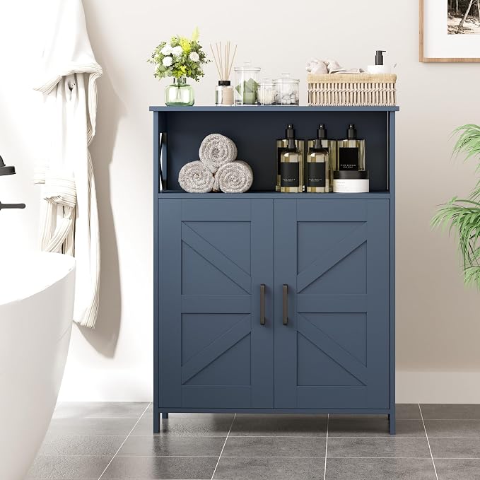 Homhedy Farmhouse Bathroom Storage Cabinet with Doors, Small Floor Cabinet | Toilet Paper Cabinet with Adjustable Shelf, Freestanding Storage Cabinet for Kitchen/Laundry/Living Room, 24"W, Blue