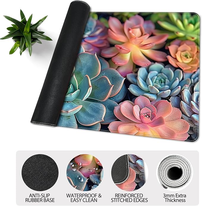 35.4 x 15.7 in, XXL Large Mouse Pad for Desk, Extended Keyboard Mouse Mat for Computer Office, Big Mouse pad with Stitched Edges, Gaming Pc-Colorful Succulent
