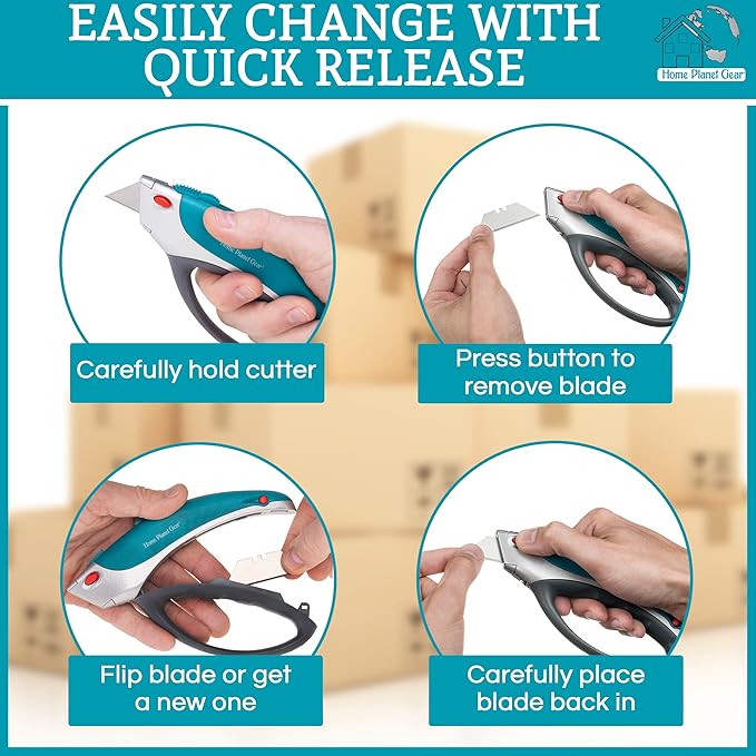 Box Cutter Retractable Utility Knife - Heavy Duty Box Cutter Knife Cardboard Cutter - Box Opener Razor Blades Utility Knife - Box Knife Carpet Cutter with 5 Sharp Blades