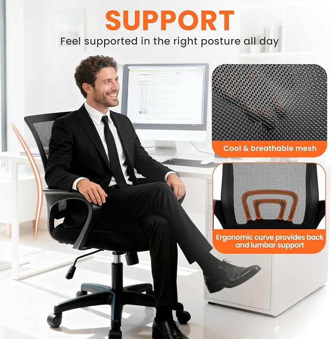 NEO CHAIR Office Computer Chair Ergonomic Mid-Back Mesh Desk Chair, Black | Breathable Mesh Back with Lumbar Support, Height Adjustment, Smooth Rolling Casters for Home Office, Study or Gaming Setup