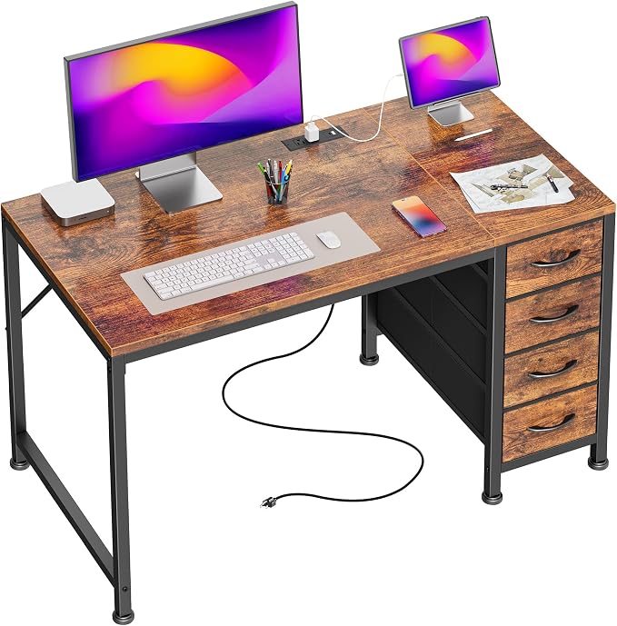 39.4 Inch Computer Office Desk with Power Outelts and USB-C Port, Reversible Gaming Desk with 4 Fabric Drawers, Work Study Desk Work from Home, Rustic Brown