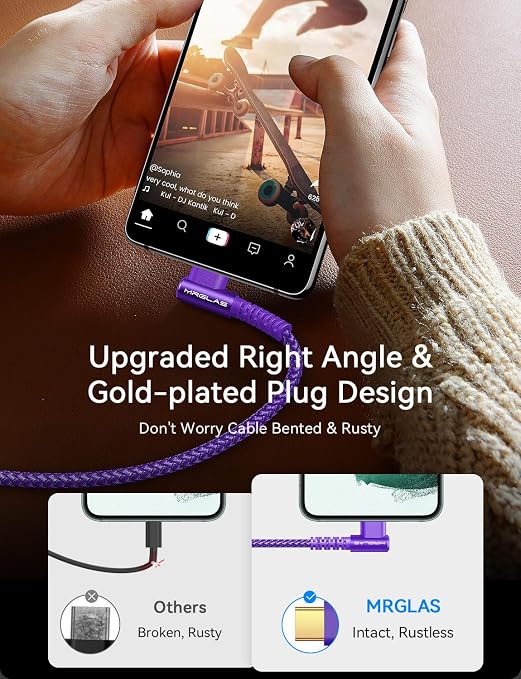 USB A to USB C Cable 3.2A 2-Pack [90°, Gold-Plated] 6.6+6.6F | Type C Charger Right Angle Nylon Braided Fast Charge Cable for iPhone 16 15 Galaxy S10 S9 Plus S21 Note 10 LG