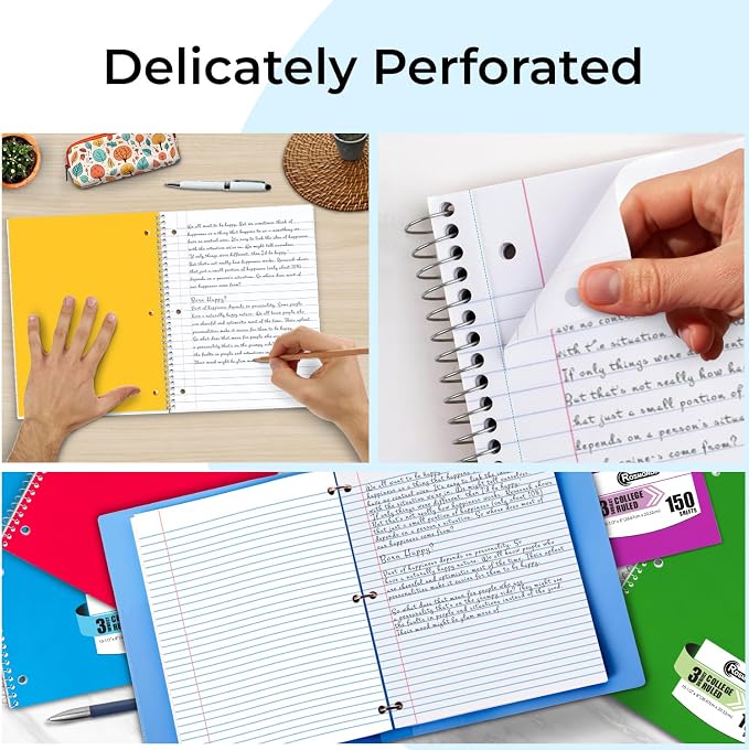 36 Pack 3 Subject Spiral Notebook College Ruled Bulk, 150 Sheets | Bulk Spiral Journal for School, Thick Paper, Extra Pages - 300 Pages, 8 x 10-1/2", 3 Hole Punched, Bulk Subject Notebooks