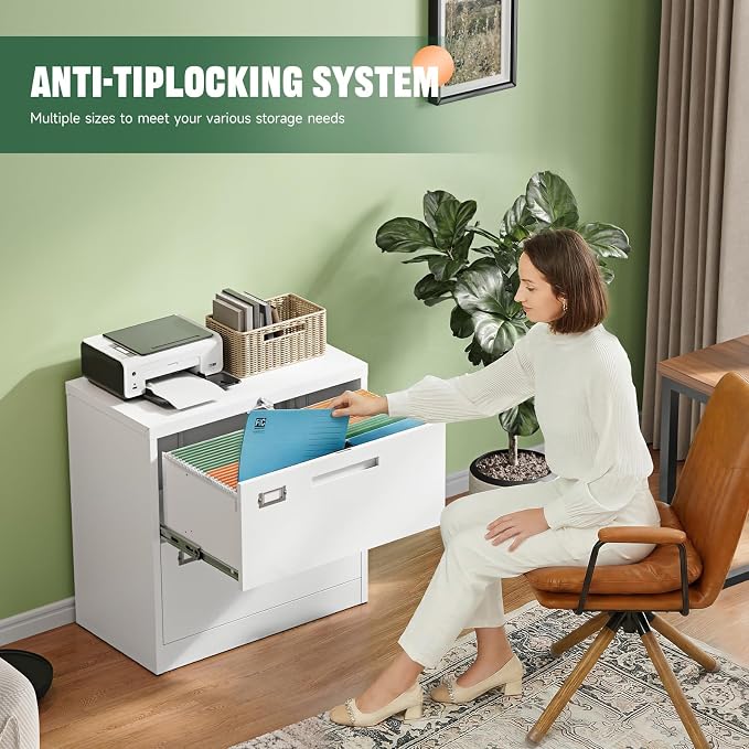 2 Drawer File Cabinet with Lock,Metal Lateral Filing Cabinet for Home Office,Hanging Letter/Legal/A4 Size (White, H27.95×W28.35×D15.74)