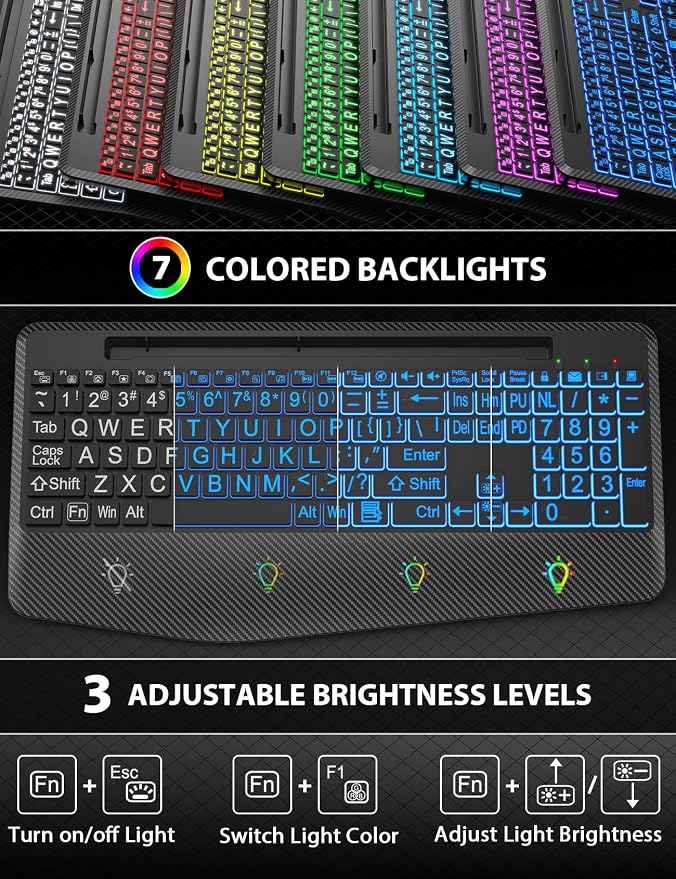Wireless Keyboard and Mouse Combo, Large Print Backlit Scissor Keys | Textured Wrist Rest, Phone Holder, Rechargeable, 7-Color Lighting, LED Mouse, Quiet Typing, Win/Mac/ChromeOS, KM22 Ultra+