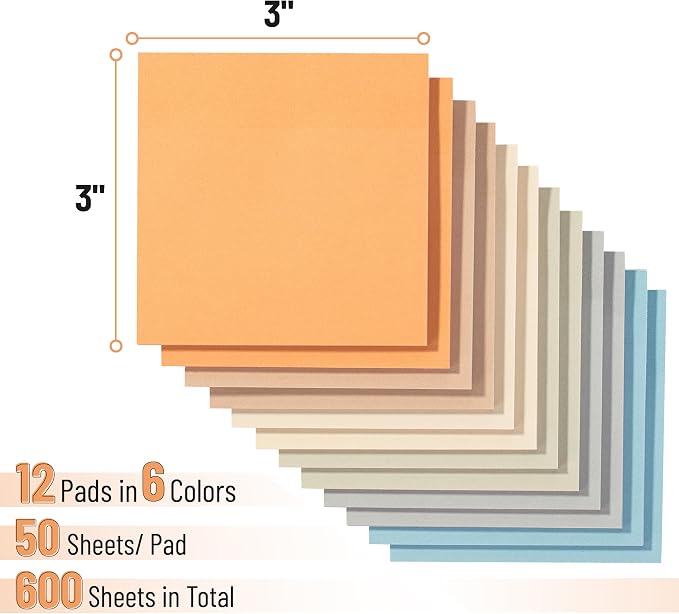 Mr. Pen- Sticky Notes, 3"x3", 12 Pads, 600 Sheets, Colorful | Sticky Notes Bulk, Self-Stick Note Pads, Perfect for Office, School, Home, Study & Organization