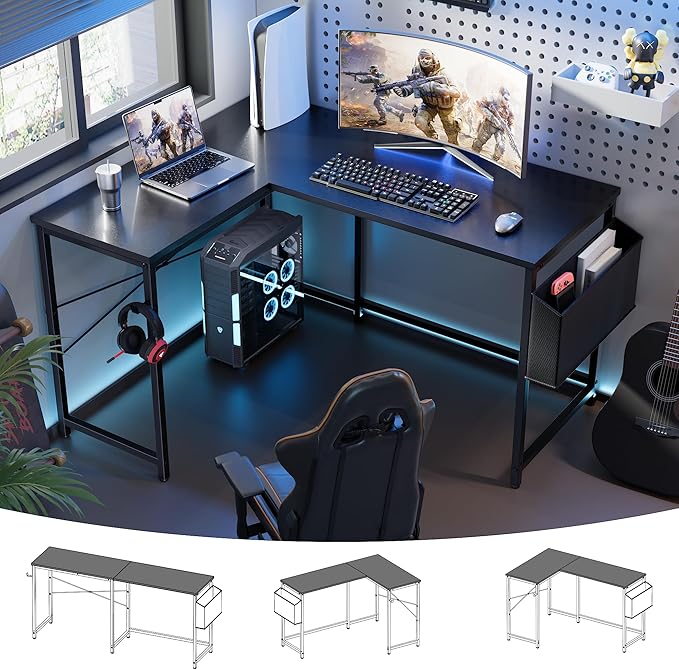 Pamray 47 Inch Reversible L Shaped Gaming Desk Corner Computer Desk with Storage Bag Home Office Table for Writing Study Black