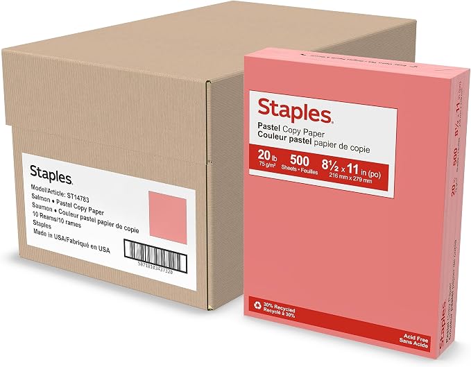 Staples Pastel 30% Recycled Color Copy Paper, 20 lbs., 8.5" x 11", Salmon, 500 Sheets/Ream, 10 Reams/Carton