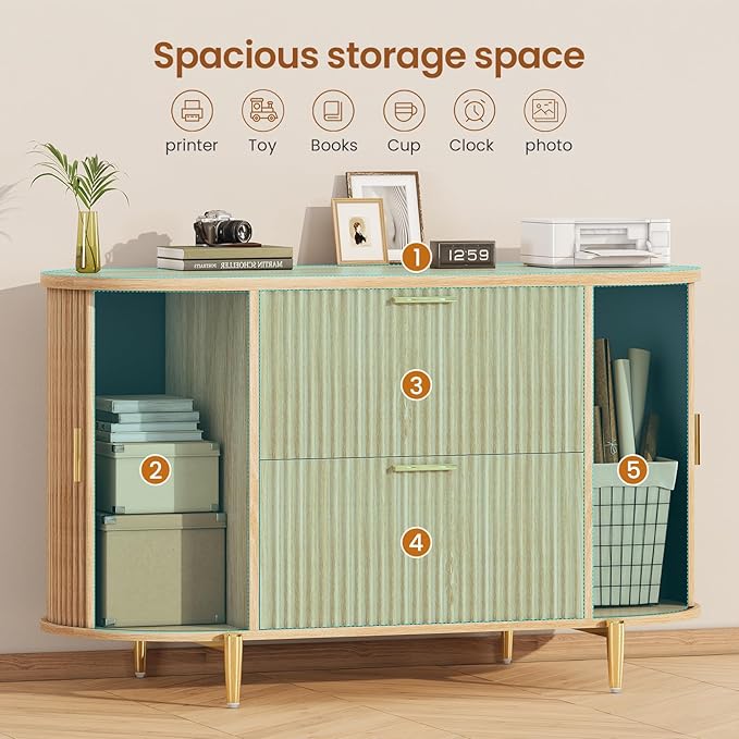 SEDETA Fluted 2 Drawer File Cabinet with 2 Sliding Door for Home Office | 39.4" Filing Cabinet for Home Office,fit Legal/Letter/A4 Siz,Modern File Cabinet with 2 Drawers,Printer Stand,Natural