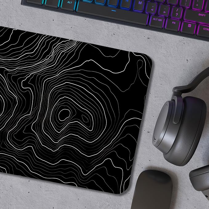 Black Topographic Mouse Pad, Abstract Black and White Mouse Pads for Wireless Mouse Computers Laptop Desk Accessories, Highground Mousepad, Black Desk Accessories for Office, 9.5x7.9 Inch