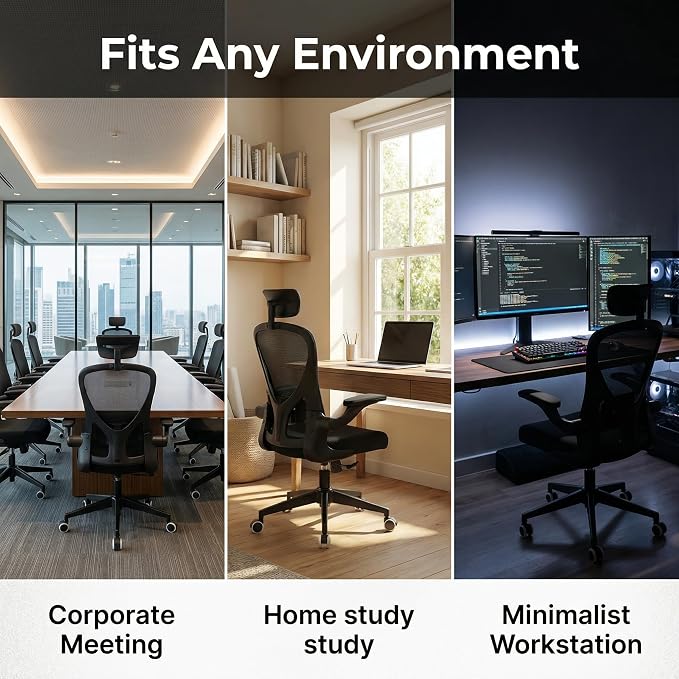 Monhey Ergonomic Chair, Adjustable Lumbar & Flip-up Arms, Black | Breathable Mesh,Height Adjustable, Rocking Swivel, High Back, Home Office Use