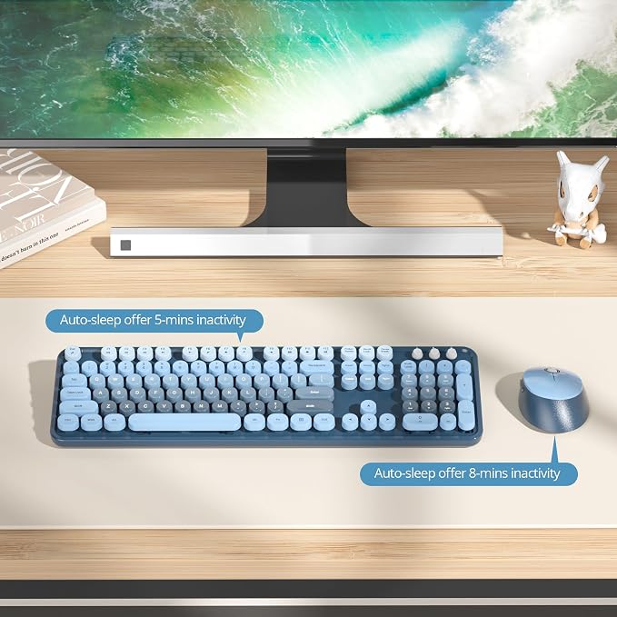 Wireless Keyboard and Mouse Set, Retro Typewriter Sea Blue | 1600DPI Full Size With Number Pad & Mouse,Compatible With All Windows,Ideal For Computer, PC, Notebook, Laptop