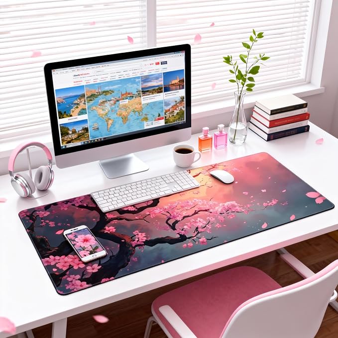 Cute Floral Aesthetic Cherry Gaming Mouse Pad, Pink Japanese Desk Mat with Anti-Slip Base & Stitched Edges,35.4" x 15.7" in Table Mat for Computer Desktop, Beautiful Workstation Decor