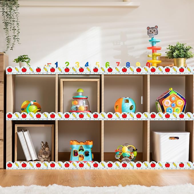Whaline 32.8 Ft Apples Pencil Bulletin Board Border Back to School Decor | Notebook Border Trim, Self Adhesive Bulletin Board Stickers Roll, for Classroom Office Party Wall Decor