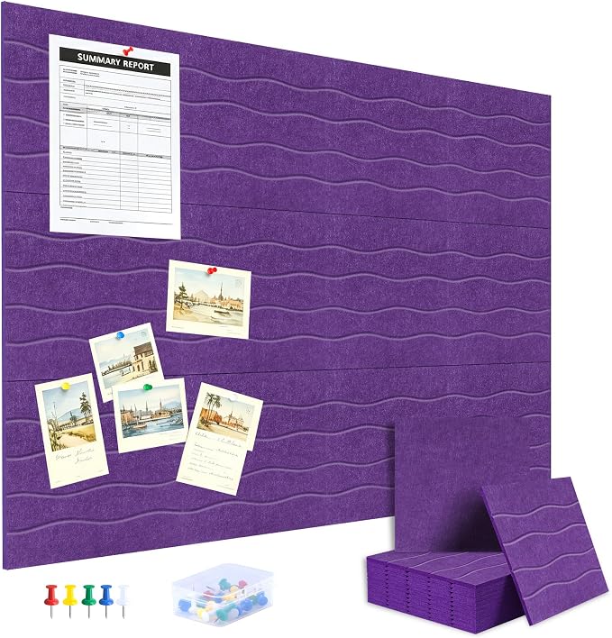 AKONEGE Felt Bulletin Board Tiles 12 Pack, 48" x 36" Cork Board Alternative, DIY Pin Board Wall Tiles for Photo Wall, Vision Board, Dorm Room & Home Office Decor, Stick-On with Adhesive Tabs, Violet