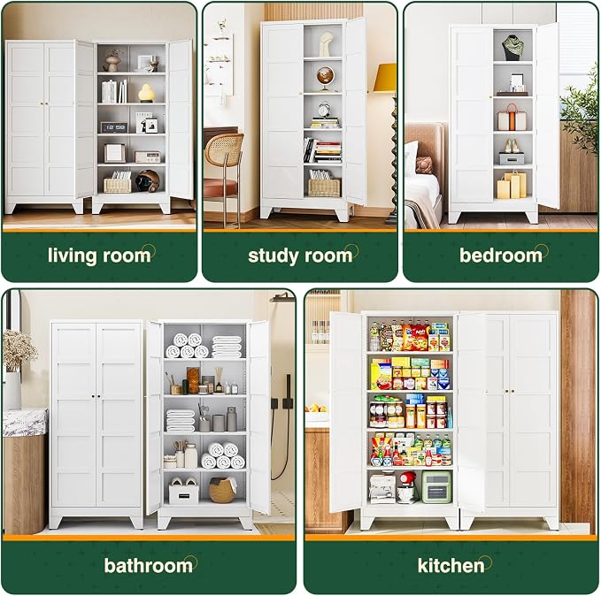 72" H Metal Storage Cabinet with 2 Doors and 4 Shelves,Tall Kitchen Pantry Cabinets,Utility Pantry Organizers for Cupboard/Dining/Bathroom/Home Office/Garage (White, 72" H x 18" D x 33.5" W)