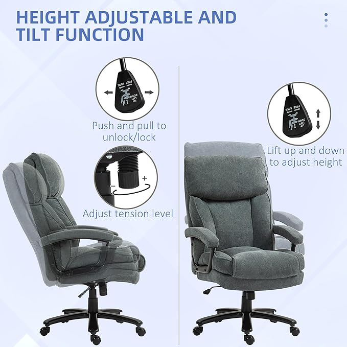 HOMCOM Big and Tall Office Chair, Up to 450 lbs. Overstuffed Executive Desk Chair with Swivel Wheels, High Back, for Heavy People, Gray