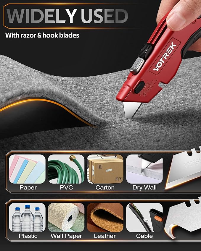 VOTREK® Box Cutter Utility Knife, [2-in-1] Retractable Box Cutter, Heavy Duty Safety Sharp Razor Knife for Home & Warehouse Cardboard, Carpet, [Blade Storage], with Extra Razor & Hook Blades (Red)