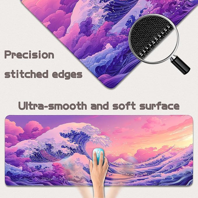 Mouse Pad Gaming - Desk Mat for Keyboard and Mouse - Kanagawa Large Mouse Pad for Desk, Japanese Sea Wave Mousepad (31.5" x 11.8") with Non-Slip Base, Desks Pad Mat for Gaming, Office and Home