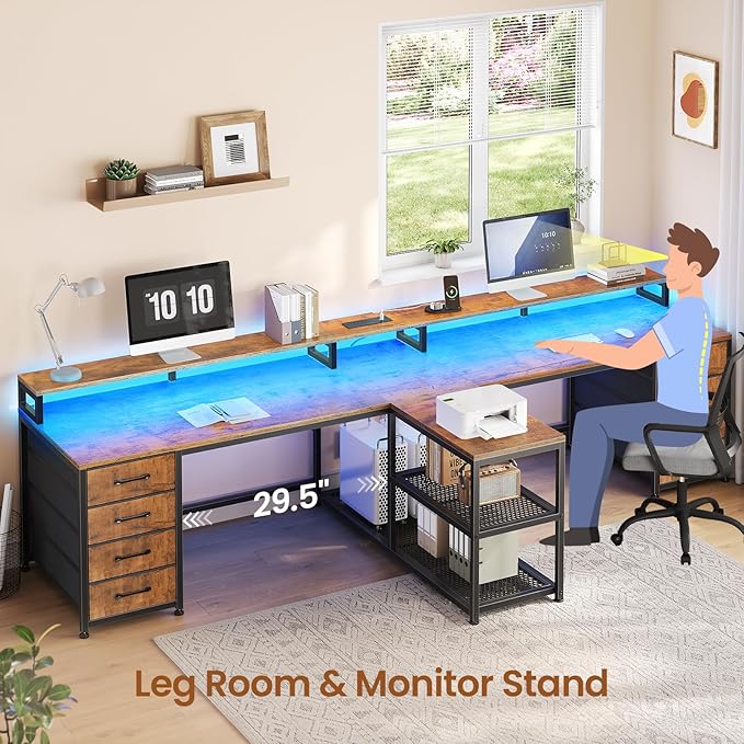 SEDETA 94.5" 2 Person Gaming Desk, Long Office Computer Desk with 8 Drawers & LED Lights, Two Person Desk with Storage, Power Strip & Monitor Stand for Home Office, Rustic Brown