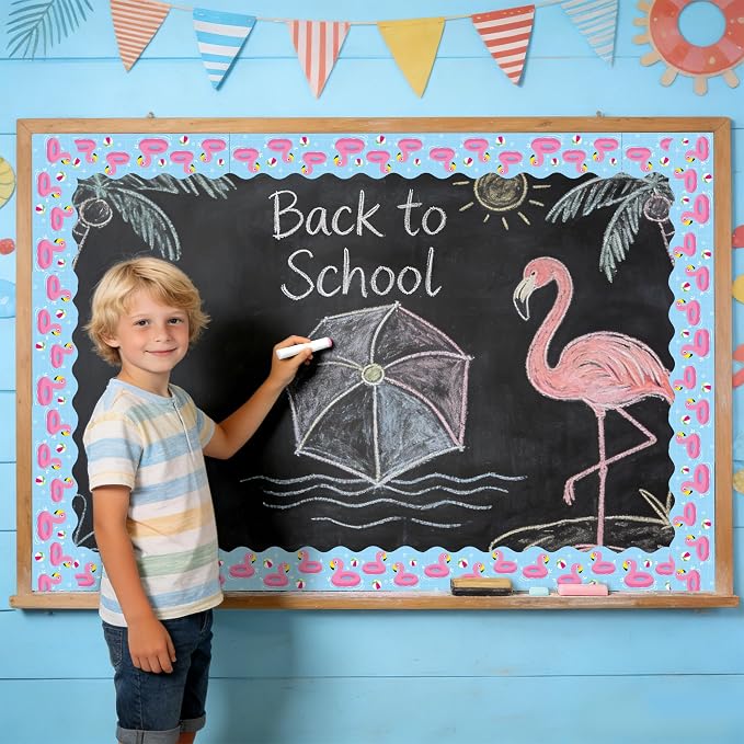 BeYumi Summer Flamingo Border Trim - 65ft Back to School Pool Rolled Border | Tropical Flamingo Beach Swimming Pool Bulletin Board Set School Classroom Office Chalkboard Home Party Holiday Decoration
