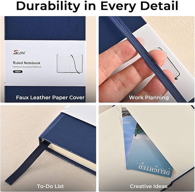 SUIN A5 Hardcover Lined Journal, 192 Pages, 100 GSM Smooth Paper, Blue | Clean Full-Page Ruled Layout, Slim Sturdy Cover, Color-Matched Bookmark & Secure Elastic Closure