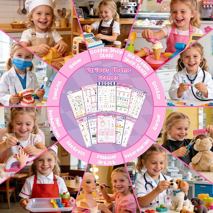 TICIAGA Kids Pretend Play Notepads - 10PCS Pink 4x6 In Playtime Pad Included Bakery Nail Salon Vet Doctor Visit Coffee Notepad 30 Page Pretend Notebook Imaginative Role for Toddler Kid Play Game, Girl
