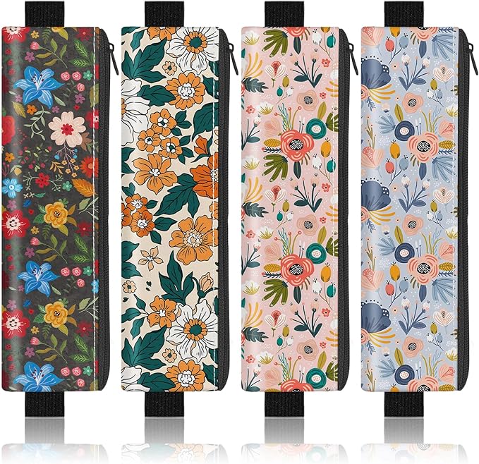 4 Pack Elastic Pen Holder for Notebook, Prints Pen Pouch with Elastic Band and Zipper, Leather Pen Holder for Planners, Journals, Book (Colorful Flowers)