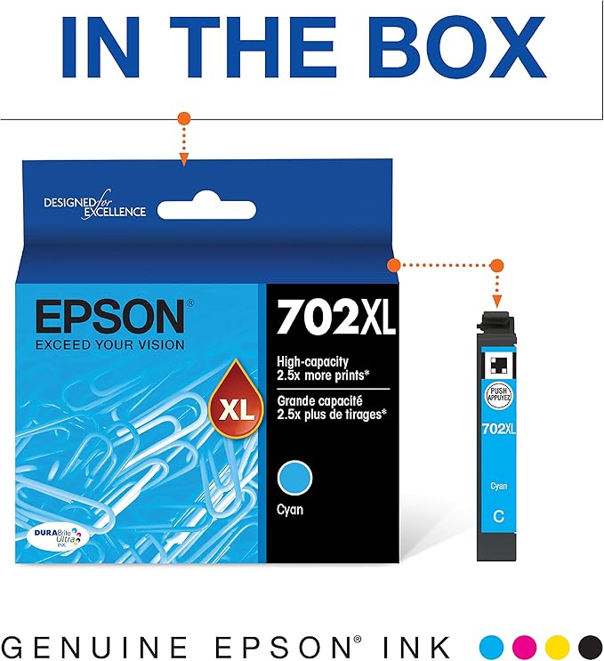 Epson T702 DURABrite Ultra -Ink High Capacity Cyan -Cartridge (T702XL220-S) for Select Workforce Pro Printers (Pack of 2)