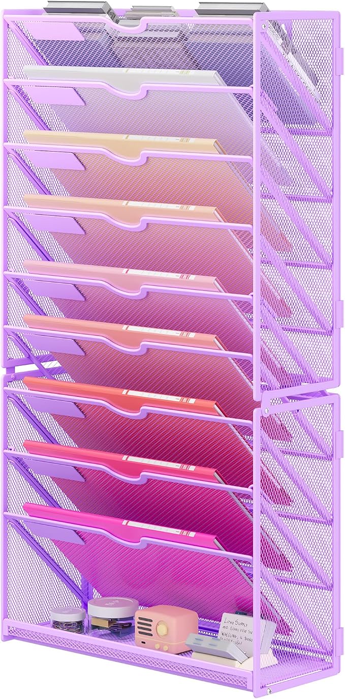 Lavatino Hanging Wall File Folders Organizer - 10-Tier Purple Metal Mesh Paper Magazine Document Mail Holder File Organizer for Office School Home Wall Mount or Desk Supplies Organization