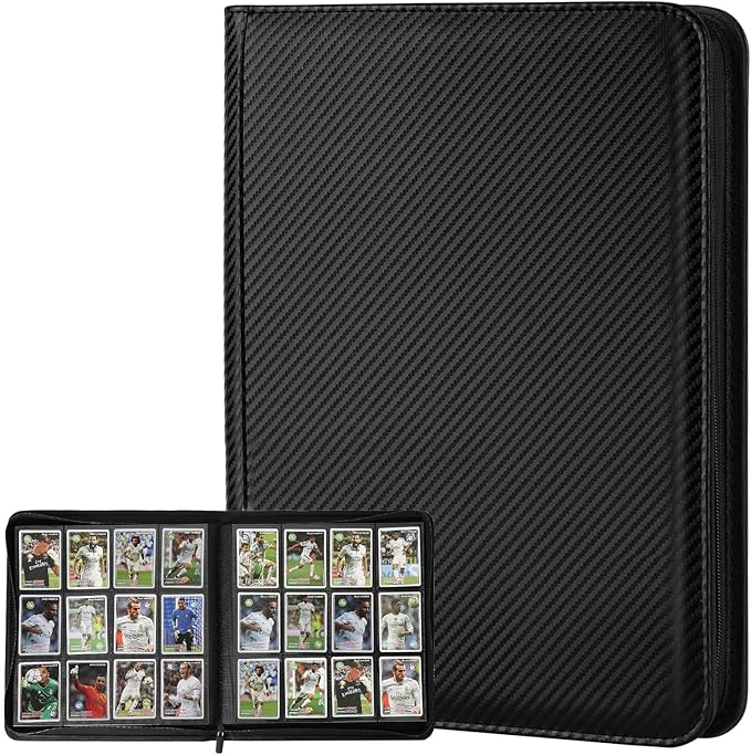 12 Pocket Ringless Side Loading Trading Card Binder, 720 Cards PU Fixed Page Zipper Card Album for TCG Sports Game Cards, Not Fit Top Loaders (Carbon Black)