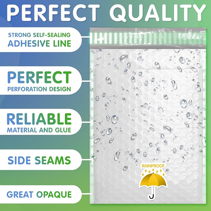 White Poly Bubble Mailers 7.25 x 7.5 Inch. Pack of 500 Padded Envelopes Waterproof. Self Seal Padded Mailers with Durable Seams. Lightweight Padded Shipping Envelopes for Mailing Fragile Things