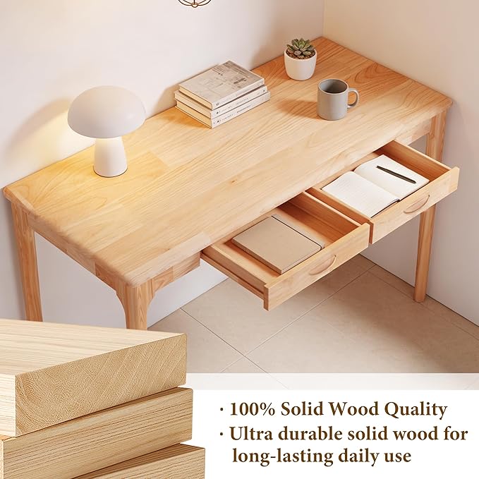 40" Solid Wood Desk with Drawers, Small Home Office Writing Wooden Desk, Gaming & Computer Desk for Bedroom, Work Study Table for Small Space(Beech,40Inch)