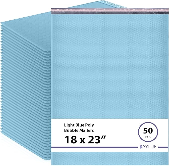 Light Blue Bubble Mailers 18x23, Poly Padded Envelopes #9, 50 Pack | Holds Clothing & Bulk Items, Self-Seal Closure, Cushioned Protection, Water-Resistant Poly, Size #9