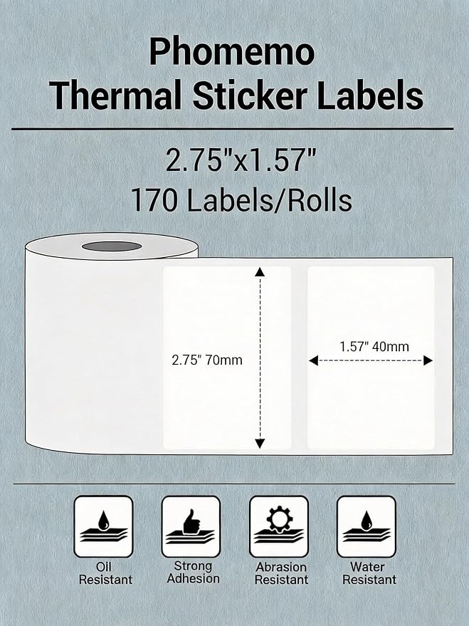 Phomemo M220 Thermal Labels 2.75"x1.57" for M220/M221/M250/M260, 170 PCS | 70x40mm Waterproof Thermal Sticker, 1 Roll, Use for Barcode, Logo,Listing, Business, Home,Organization, Office, White